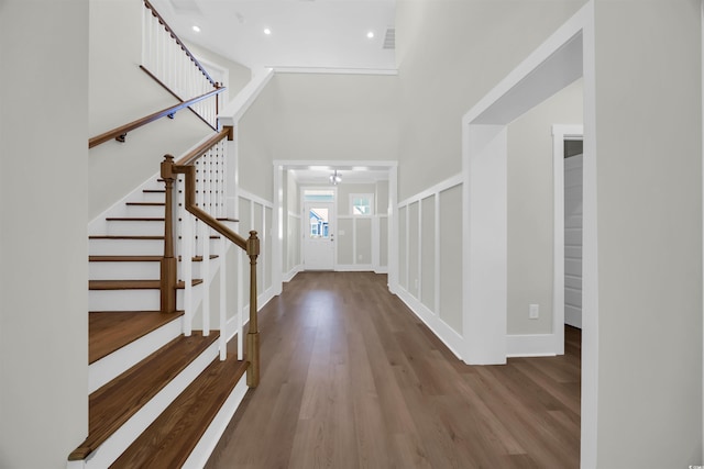604 Mccown Dr, Conway, SC 29526 - entryway featuring wood finished floors, stairs, recessed lighting, baseboards, and a high ceiling