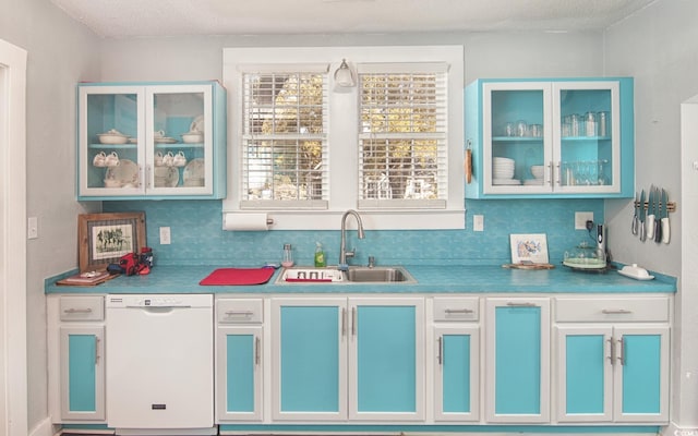 bar featuring dishwasher, a textured ceiling, backsplash, and sink