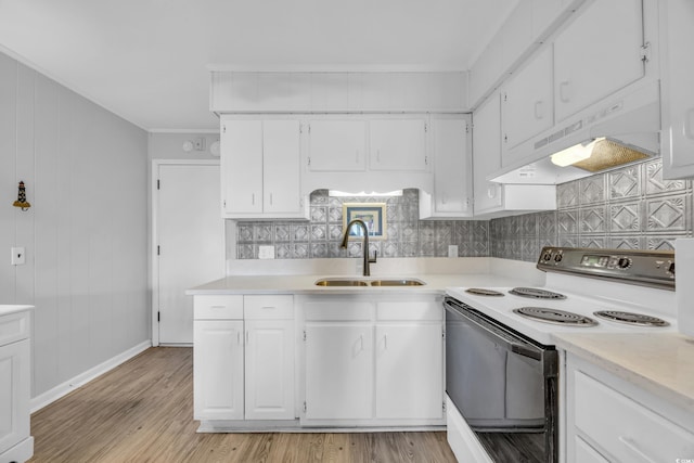 kitchen with ornamental molding, sink, light hardwood / wood-style flooring, white cabinets, and white electric range