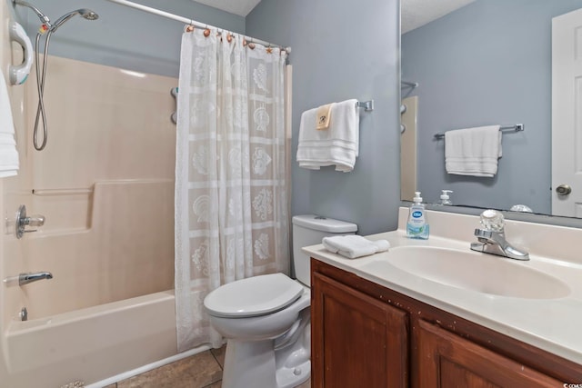 full bathroom featuring tile patterned floors, a textured ceiling, toilet, shower / tub combo with curtain, and vanity