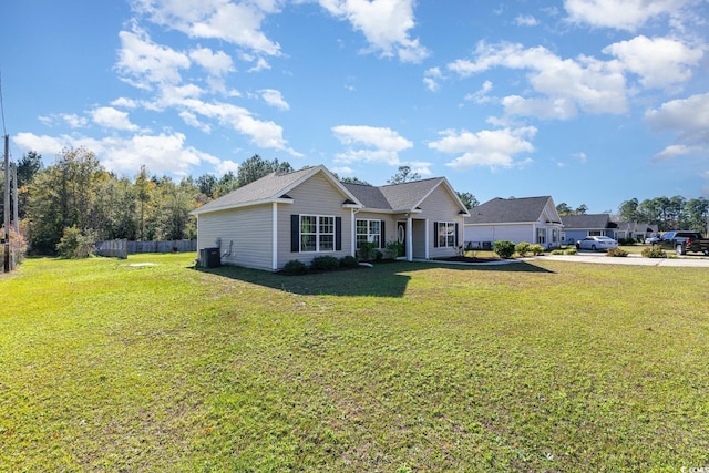 single story home featuring central AC and a front lawn