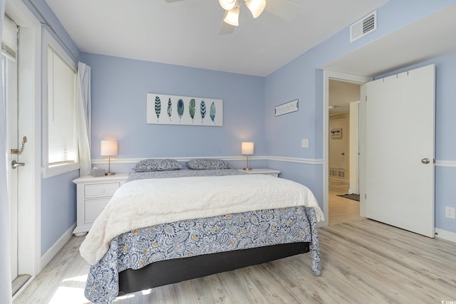 bedroom with ceiling fan and light hardwood / wood-style floors