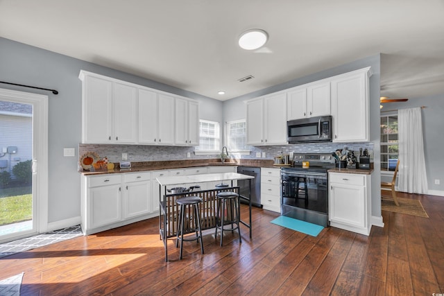 kitchen featuring white cabinets, dark hardwood / wood-style flooring, and stainless steel appliances