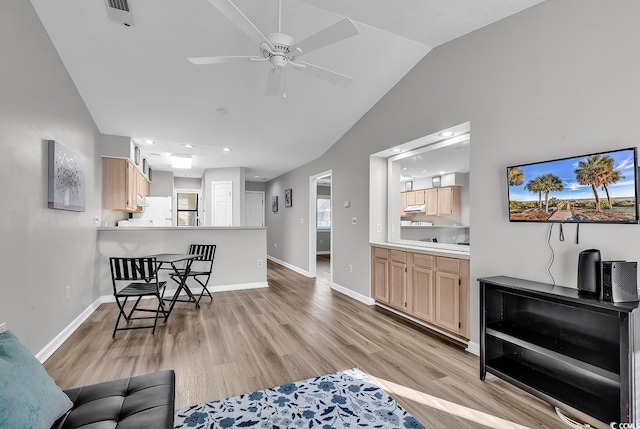 4103 Pinehurst Cir Unit Bb-14, Little River, SC 29566 - living area featuring light wood-type flooring, vaulted ceiling, a ceiling fan, baseboards, and recessed lighting