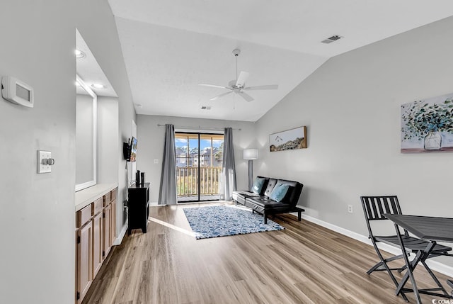 4103 Pinehurst Cir Unit Bb-14, Little River, SC 29566 - living area featuring lofted ceiling, light wood-type flooring, baseboards, and a ceiling fan