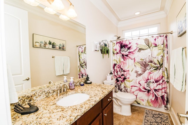 full bathroom with vanity, shower / tub combo with curtain, crown molding, tile patterned flooring, and toilet