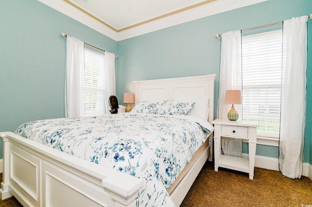 bedroom featuring dark colored carpet and ornamental molding