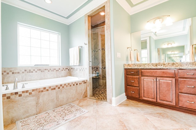 bathroom with vanity, crown molding, and plus walk in shower