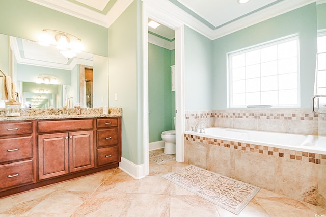 bathroom featuring vanity, toilet, ornamental molding, and tiled tub