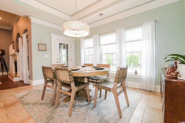 tiled dining space with ornamental molding