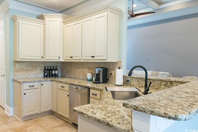 kitchen with light stone countertops, dishwasher, ceiling fan, kitchen peninsula, and ornamental molding