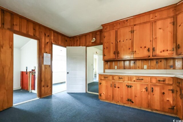 kitchen with dark carpet and wood walls