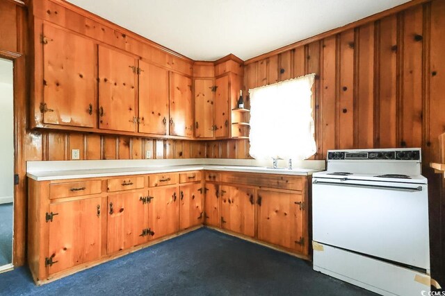 kitchen featuring white electric stove, dark carpet, sink, and wooden walls