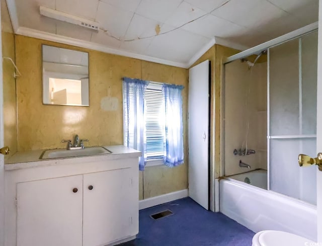 full bathroom with vanity, combined bath / shower with glass door, lofted ceiling, and toilet