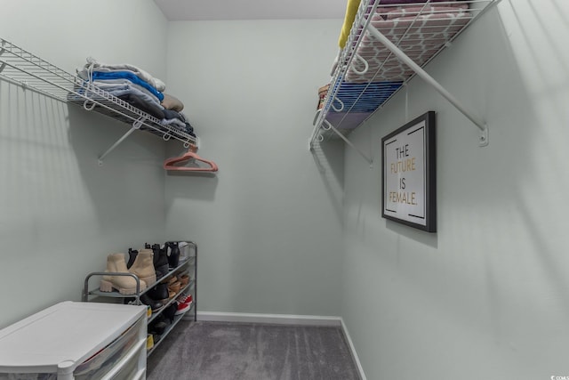 walk in closet featuring dark carpet