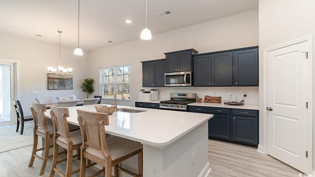 kitchen with hanging light fixtures, stainless steel appliances, a kitchen island with sink, and sink