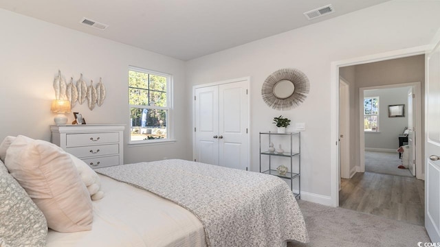 carpeted bedroom featuring a closet