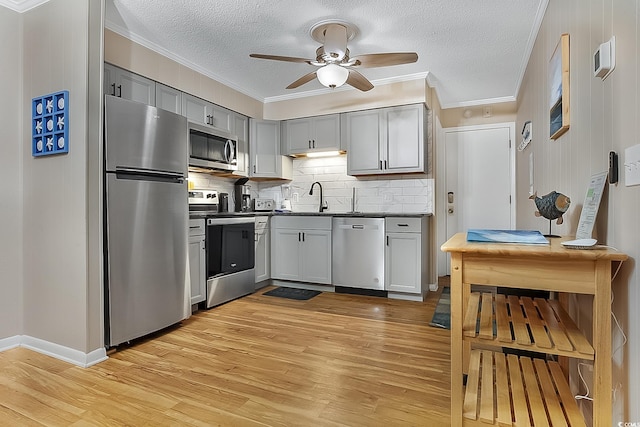 kitchen with backsplash, light hardwood / wood-style floors, gray cabinets, and stainless steel appliances