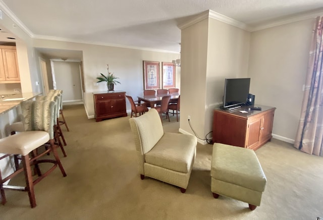 9994 Beach Club Dr Unit 1806, Myrtle Beach, SC 29572 - living area featuring light colored carpet, ornamental molding, and baseboards