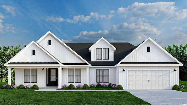 modern farmhouse style home featuring a porch, a garage, and a front lawn