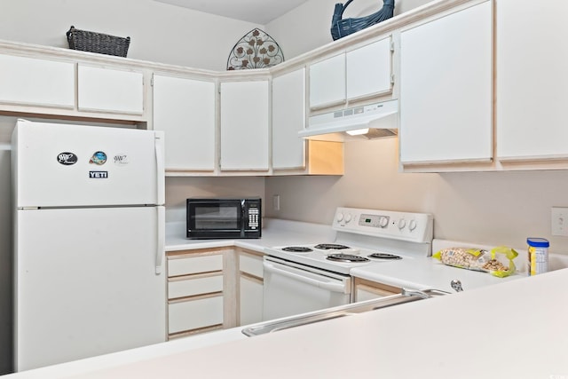 kitchen with white cabinets and white appliances