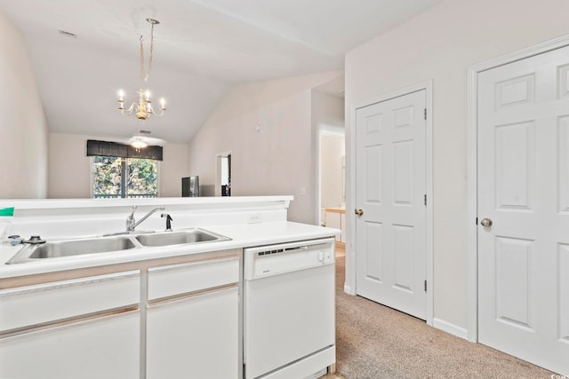 kitchen with sink, dishwasher, hanging light fixtures, an inviting chandelier, and vaulted ceiling