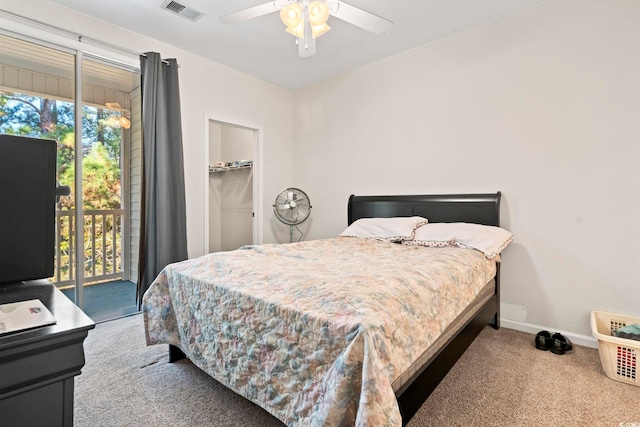 bedroom with carpet, access to outside, and ceiling fan