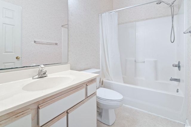 full bathroom with shower / bath combo, toilet, and vanity