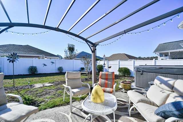 view of patio featuring a pergola and a hot tub