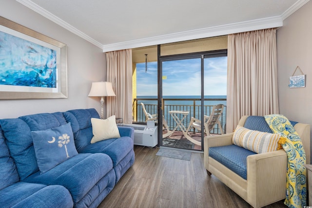 living room with hardwood / wood-style flooring, a water view, and crown molding