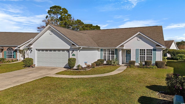 ranch-style house with a garage and a front lawn