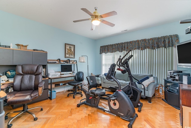 office area featuring ceiling fan and light parquet floors