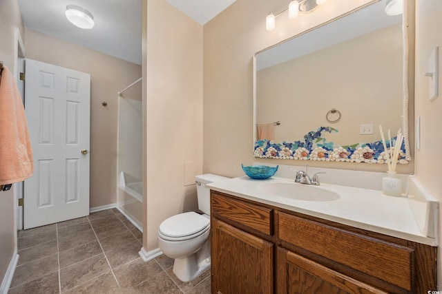 full bathroom with vanity,  shower combination, and toilet