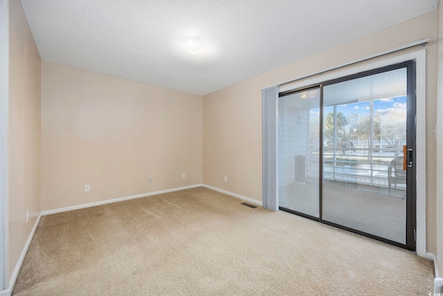 spare room featuring light colored carpet and a textured ceiling