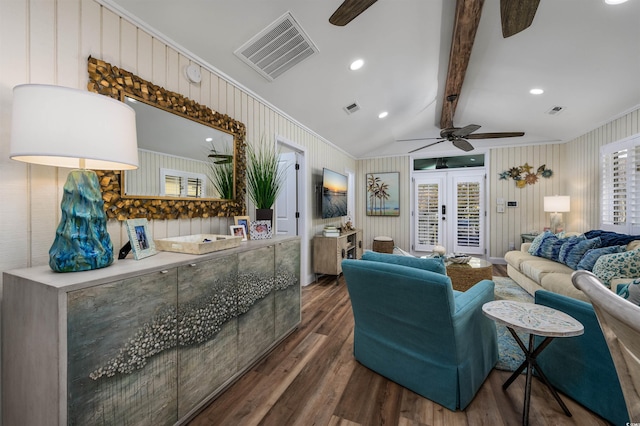 living room featuring ceiling fan, ornamental molding, dark wood-type flooring, and french doors