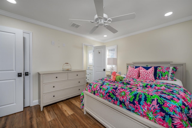 bedroom with crown molding, ceiling fan, and dark wood-type flooring