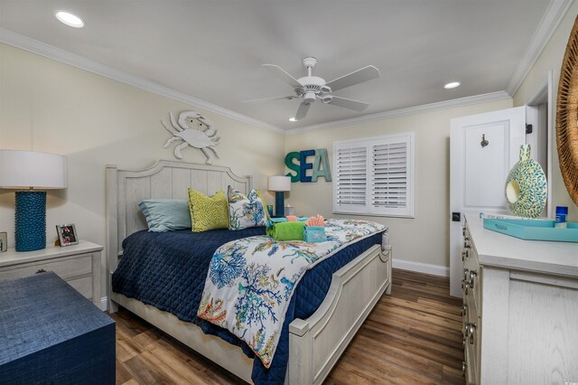 bedroom with ceiling fan, dark hardwood / wood-style floors, and ornamental molding