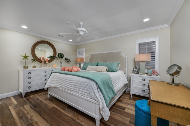 bedroom with ceiling fan, dark wood-type flooring, and ornamental molding