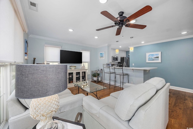 209 N Hillside Dr Unit 201, North Myrtle Beach, SC 29582 - living room with a ceiling fan, ornamental molding, dark wood-style floors, and recessed lighting