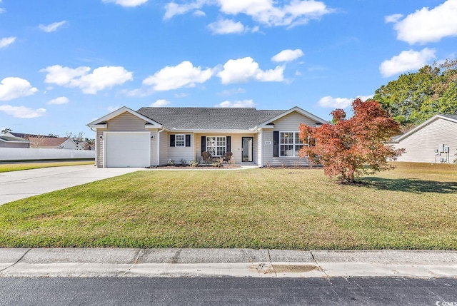 single story home with a front yard and a garage