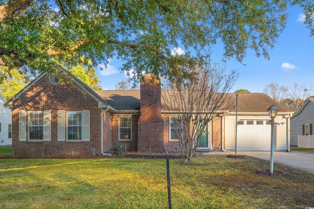 ranch-style house with a front yard and a garage