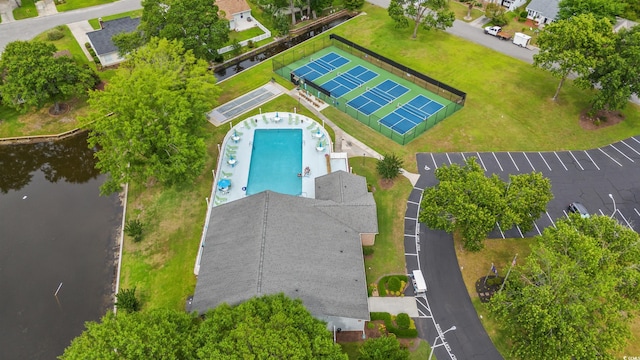 aerial view featuring a water view