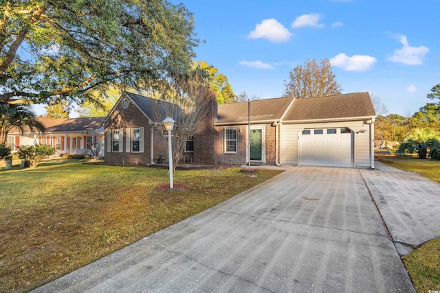 ranch-style house with a garage and a front lawn