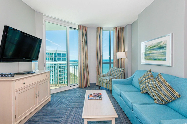 living room featuring floor to ceiling windows, a water view, and a healthy amount of sunlight