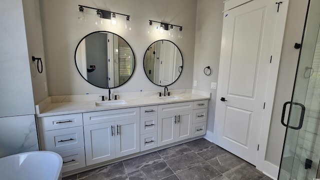 bathroom with an enclosed shower and vanity