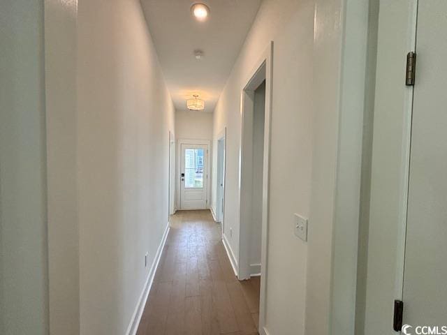 hallway featuring hardwood / wood-style flooring and baseboards