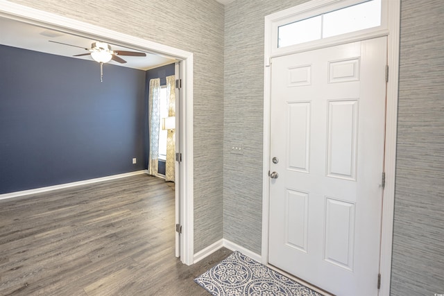 entryway featuring dark hardwood / wood-style flooring, a wealth of natural light, and ceiling fan