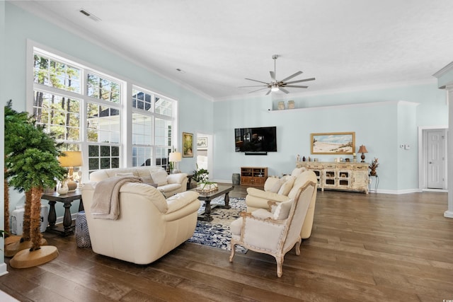 5012 Lindrick Ct, Myrtle Beach, SC 29579 - living room with baseboards, visible vents, a ceiling fan, crown molding, and hardwood / wood-style floors