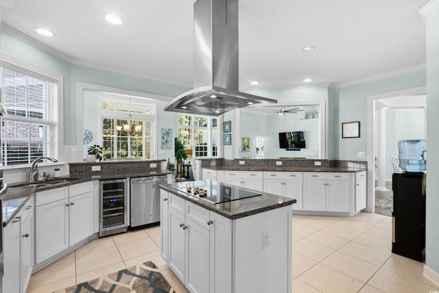 5012 Lindrick Ct, Myrtle Beach, SC 29579 - kitchen featuring a peninsula, island exhaust hood, black electric stovetop, and wine cooler