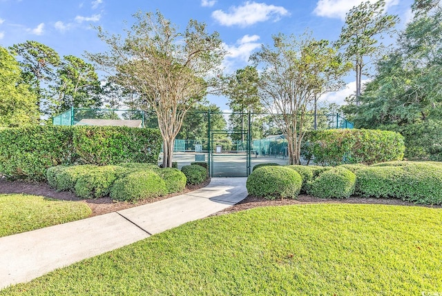 view of home's community featuring a lawn and tennis court